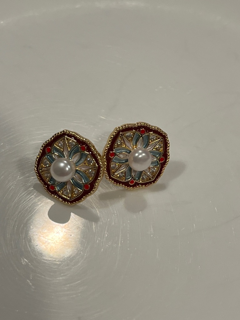 Fresh Water Pearl & Enamel Floral Stud Earrings - Gold, Red, Blue